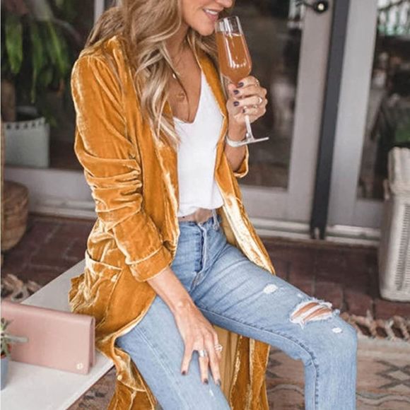 Longline Velvet Retro Duster Coat Jacket in Powder Blue - Picture 5 of 16